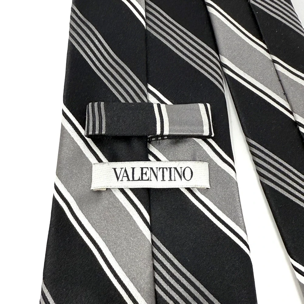Valentino Repp Striped Silk Tie Black Gray White Tie 3.25